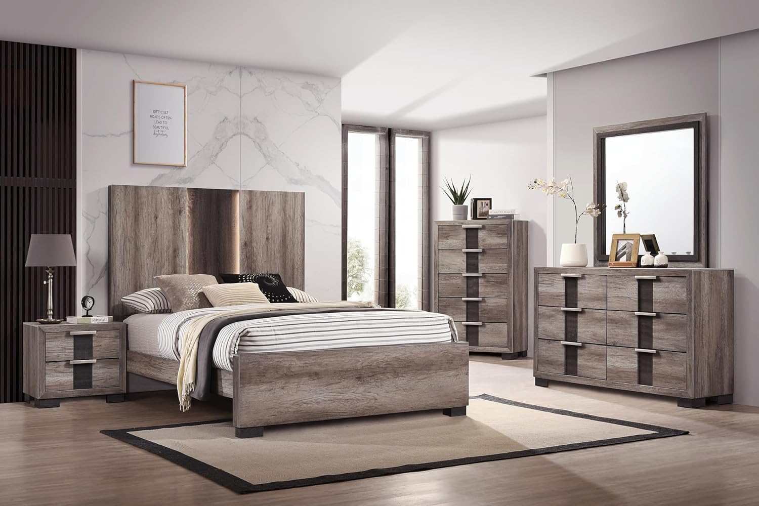 3Pc Beautiful Bedroom Set Brown Gray Two-Tone Finish Queen Size LED Light HB Bed 2X Nightstand Solid Wood Wooden Furniture