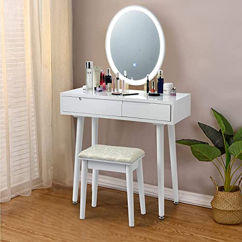 LDAILY Vanity Table Set with 3-Color Lighted Dimming Mirror, Wooden Makeup Table with Cushioned Stool & 2 Sliding Drawer, Touch Screen, Modern Bedroom Dressing Table for Women, Girl (White)