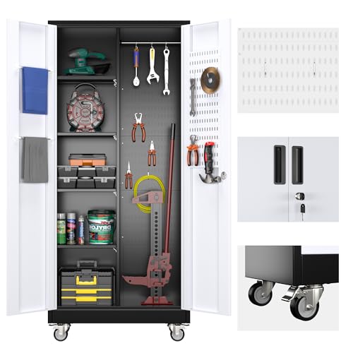 73" H Metal Storage Cabinet with Wheels, Garage Storage Cabinet with 4 Adjustable Shelves and Lockable Doors for Garage Home Office Utility Room,Required Assembly,Black