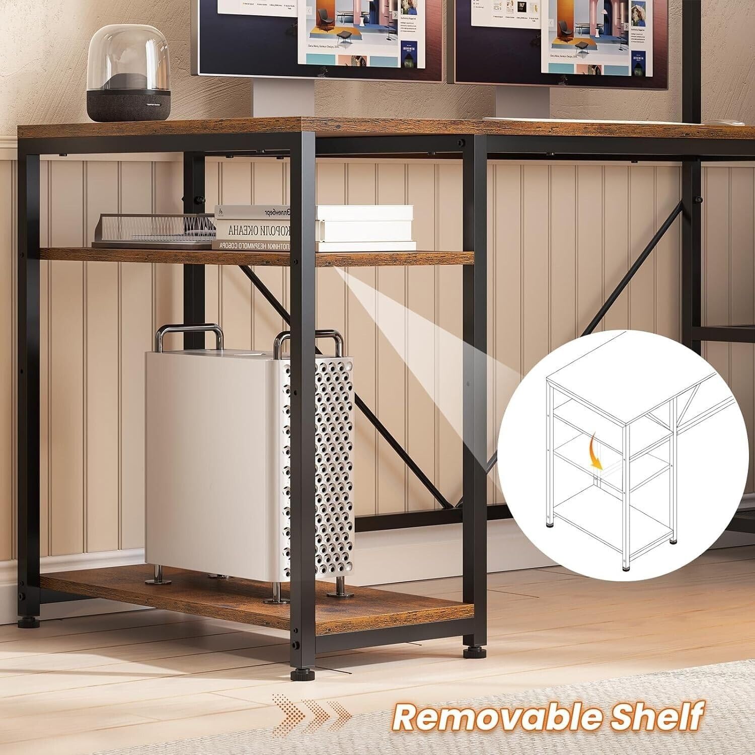 New Modern Rustic Brown L Shaped Desk Gaming Computer LED Light Bookshelf Corner Desk Storage Shelves Wood Display Cabinet Study Home Office 59”L x 31.5”W x 50.7”H of Set