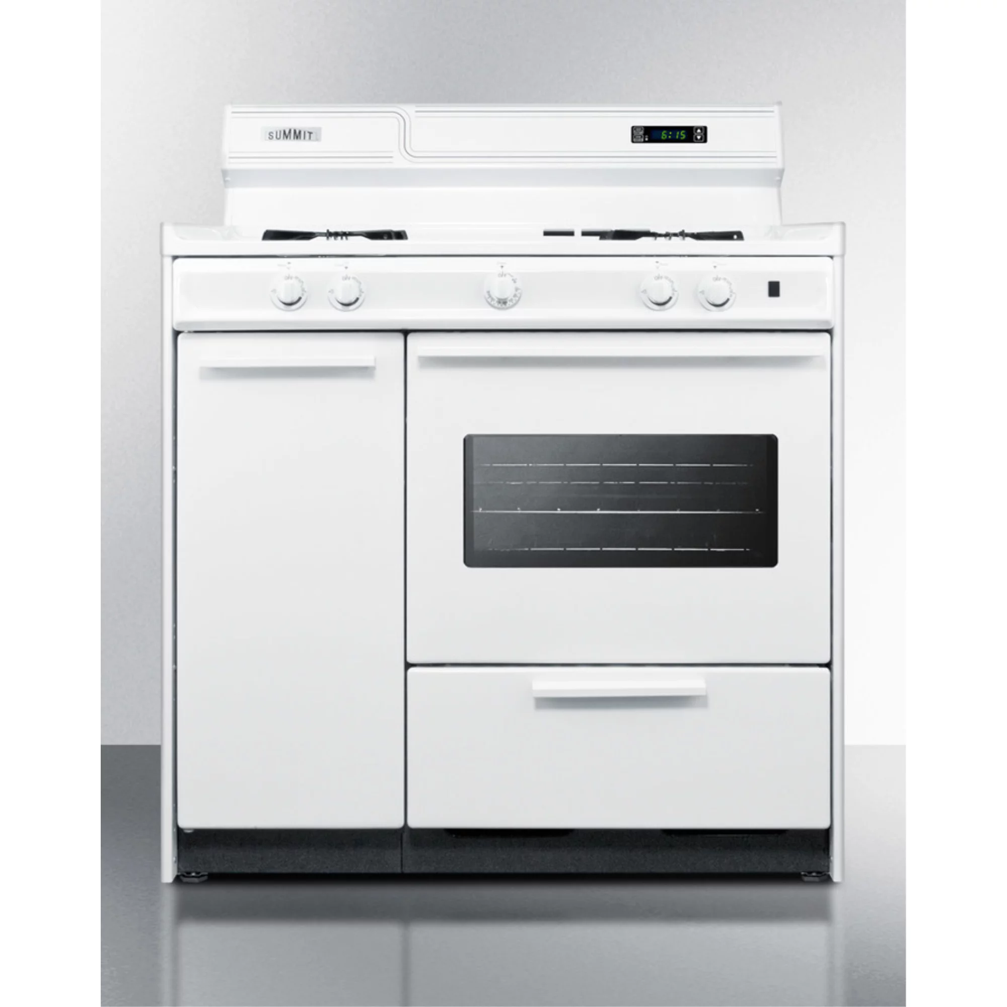 36" wide gas range in white with open burners, storage compartment, oven window, high backguard, and spark ignition