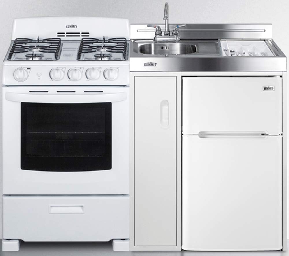 Summit Appliance ACK54GASW 54" Wide All-in-One Kitchenette with 115V 4-Burner Gas Range, Refrigerator-Freezer, Sink, Cutting Board and Cutlery Storage, and a Storage Cabinet