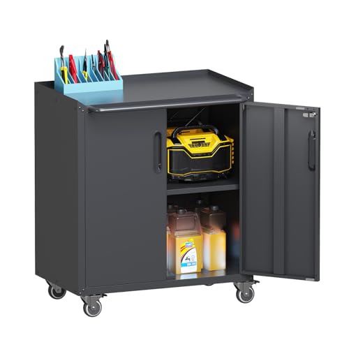 Garage Storage Cabinet Wall Cabinet with 2 Doors,Lockable Tool Cabinets Wall Mounted with Adjustale Shelves,Heavy Duty Steel Hanging Cabinets for Warehouse Kitchen Laundry,Assembly Required