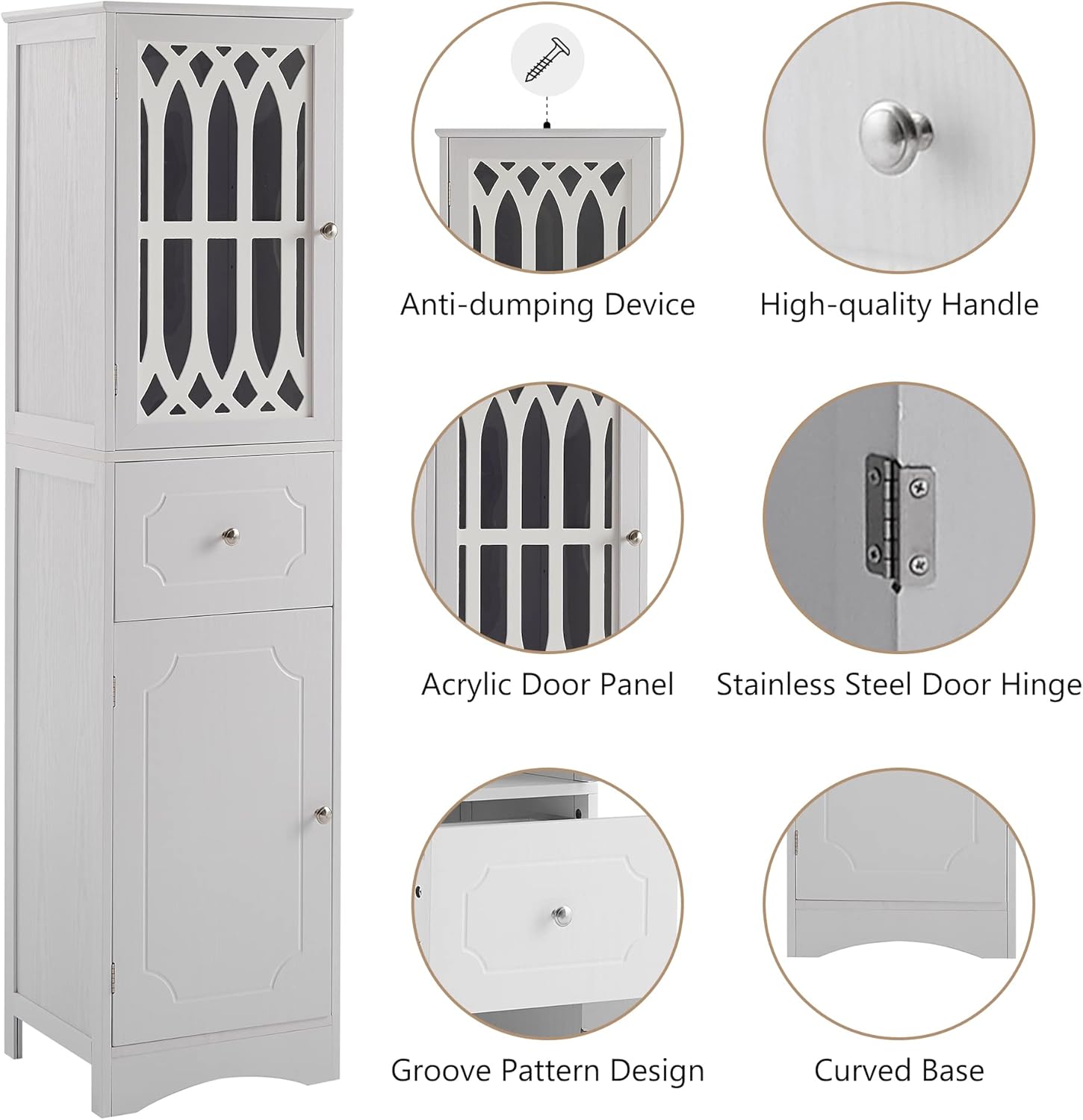 Merax Slim Tall Bathroom Storage Cabinet with Adjustable Shelf, Drawer and 2 Doors, Freestanding Linen Tower, 16.5" L x 14.2''W x 63.8''H, White