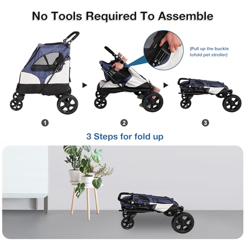 4 Wheels Folding Pet Strolling Cart with Storage Bag, Pet Stroller for Medium Large Dog with Adjustable Handle, Travel Jogger Pet Stroller with Mesh Skylight