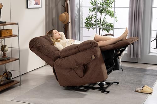 Light Grey Recliner Chair for Elderly | Tall and Big Man 400lbs | Chenille | Power Lift, Lay Flat, Stand Up, Wireless Charging Device, Extended Footrest, Massage Heat, Cup Holder, Lumbar Pillow