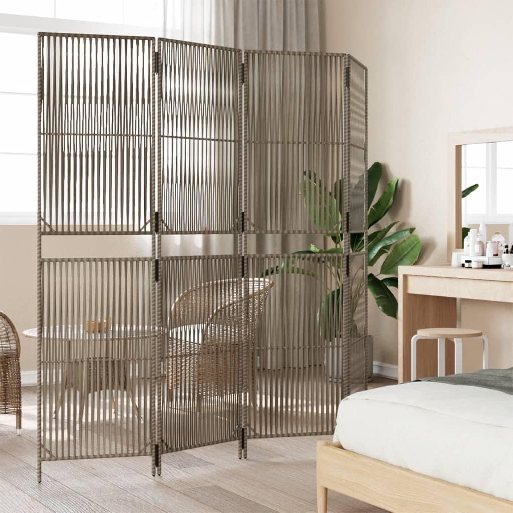 ** vidaXL Room Divider 4 Panels - Gray Poly Rattan Garden Screen - Privacy Partition - 77.2" x 70.9" - Indoor/Outdoor Use - Modern Line Weaving Design - Powder-Coated Steel Frame