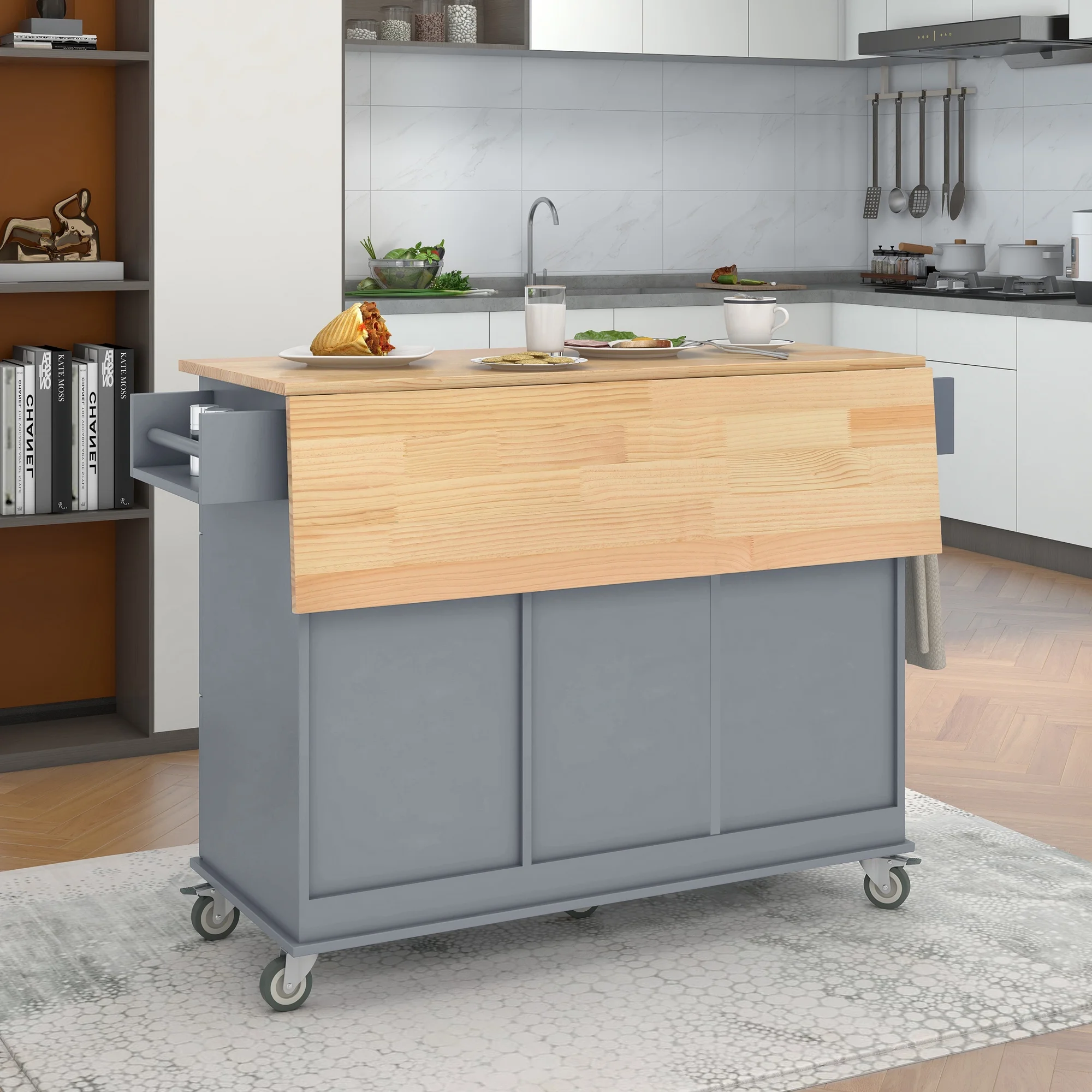 CHURANTY Kitchen Island Cart with Drop Leaf Breakfast Bar Wood Top, Rolling Kitchen Cart with Storage Drawes and Towel Rack Doors,Blue