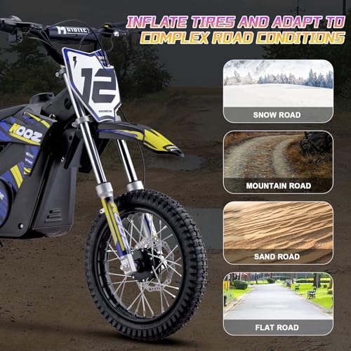 KOOZ HP112E 36V 1000W Electric Dirt Bike for Kids, 3 Speed Modes Teen Electric Motorcycle Up to 18 MPH & 15 Miles Long-Range, Dual Suspension & Disc Brake, 16" Sturdy Tire for Kids Teenagers, Blue