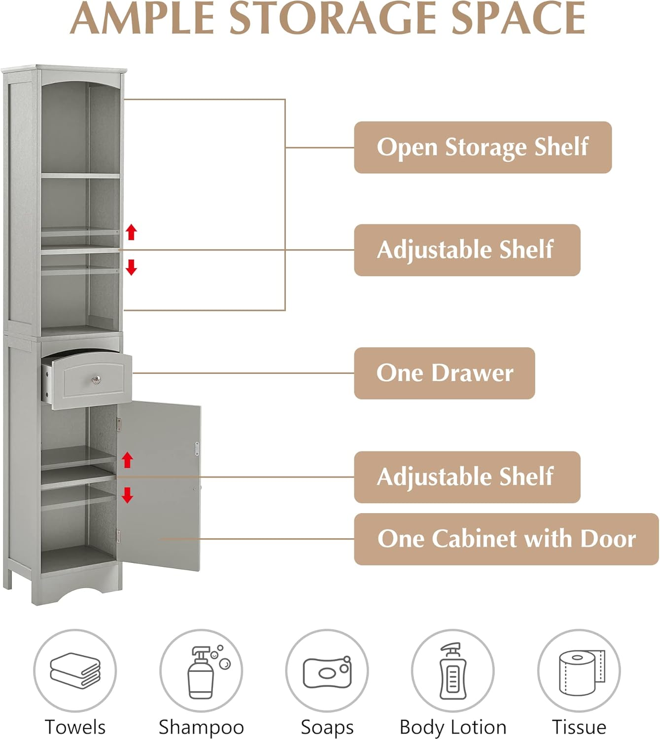 Tall Slim Bathroom Storage, Narrow Freestanding Floor Cabinets Tower w/ 3-Tier Adjustable Shelf and 1 Drawer for Home, Kitchen, Living Room, Anti-Tipping, 13.4" L x 9.1''W x 66.9''H, Grey