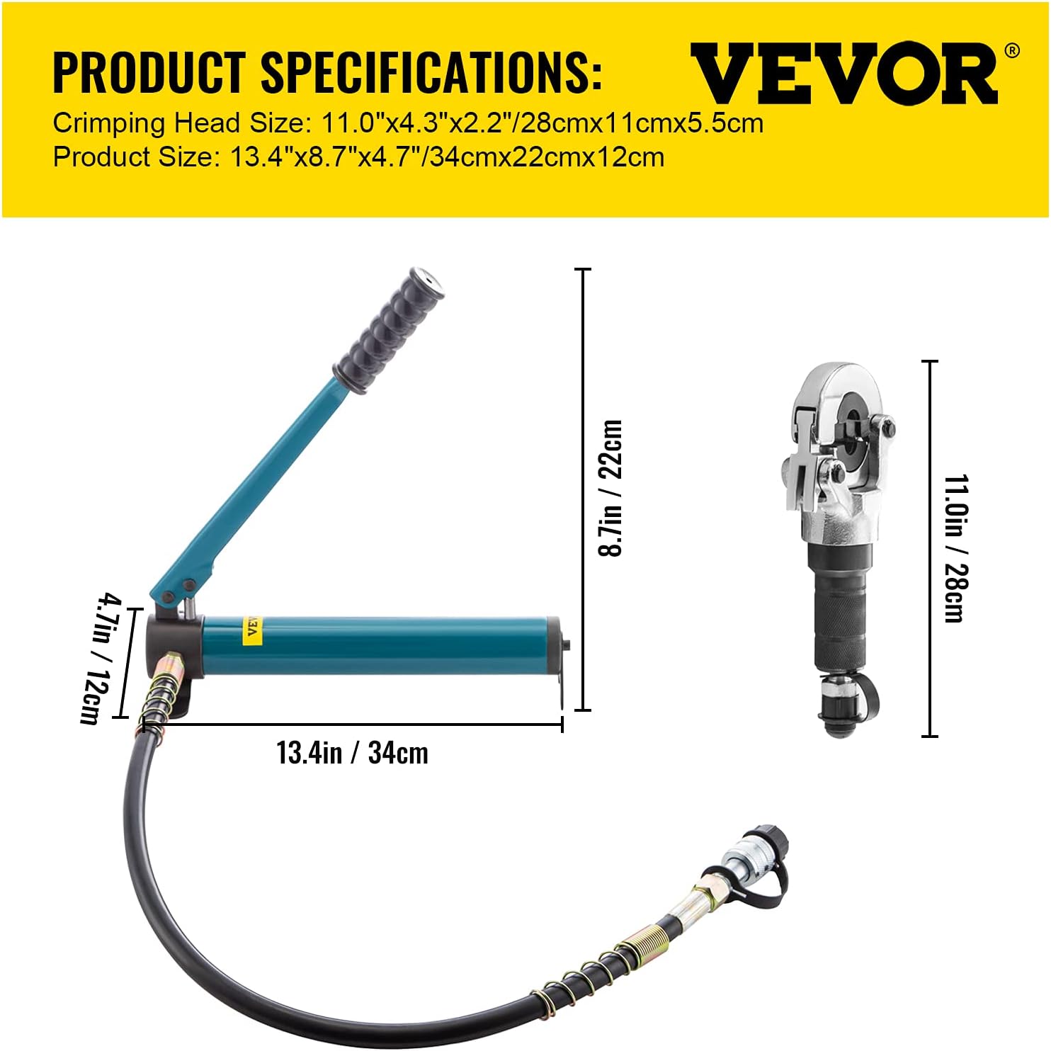 VEVOR Hydraulic Pipe Crimping Tool, 8T Hydraulic Copper Tube Fittings Crimper, Copper Pipe Crimper 40CR Steel, Copper Crimping Pliers with Jaws 1/2"(12.7mm), 3/4"(19.05mm), 1"(25.4mm)