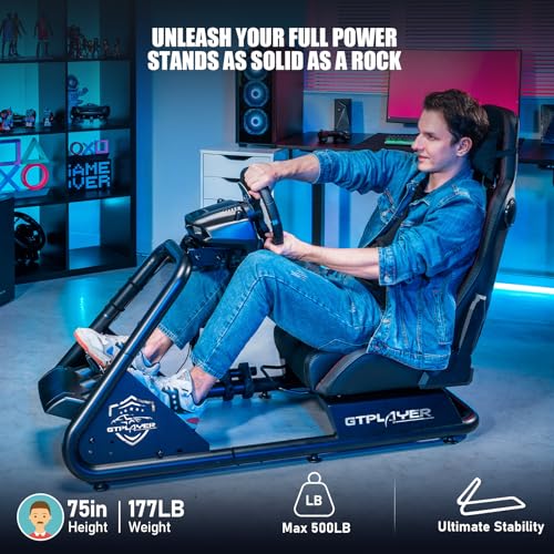 GTPLAYER Racing Simulator Cockpit with Seat and Bluetooth Speakers, Racing Style Reclining Seat and Ultra-Sturdy Alloy Steel Frame, A/B Box (Blue)