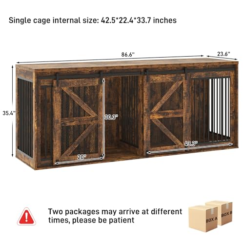 87In Farmhouse Dog Crate TV Stand, Wooden Dog Kennel Furniture with Sliding Metal Mesh Barn Door, Large Dog Crate Furniture for 2 Dogs, Solid Metal Tube & 2 Lockable Doors, Black
