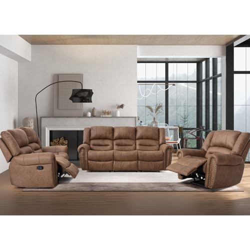 CANMOV Manual Recliner Sofa Set,2 Pieces Sofa Furniture Set for Living Room,Manual Reclining Sofa and Recliner Loveseat with Overstuffed Armrest for Living Room,Bedroom Furniture,Office(Nut Brown,2+3)