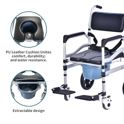3IN1 Bathroom Wheelchairs, Bedside Commode Chair with Wheel + Raised Toilet Seat Raiser for Seniors+ Bath Shower Chair with Handles, Portable Folding Toilet Lift Bar for Elderly