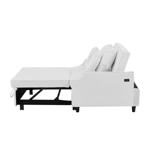 Modern Convertible Sofa Bed with Adjustable Backrest and Pull-Out Bed, Stylish Design 2 Seat Sofa with Pillows and USB Ports, Perfect for Small Spaces, Beige