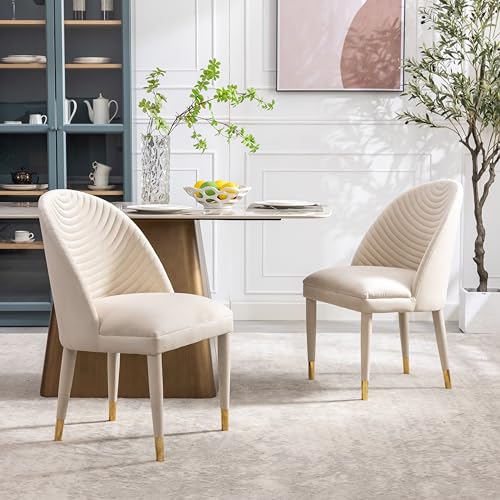 Upholstered Dining Room Chairs Set of 2, Modern Velvet Accent Chairs with Solid Wood Legs, Luxury Tufted Vanity Chairs with Back Leisure Side Chairs for Vanity Kitchen Living Room Bedroom Beige