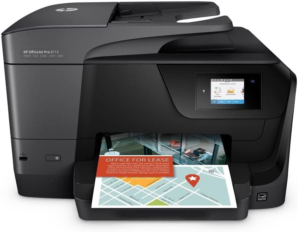 HP OfficeJet Pro 8715 All-in-One All-in-One Touch Screen Bluetooth Wireless Scanner Copier Manufacturer's Warranty Networkable Fax Duplex Black Printer