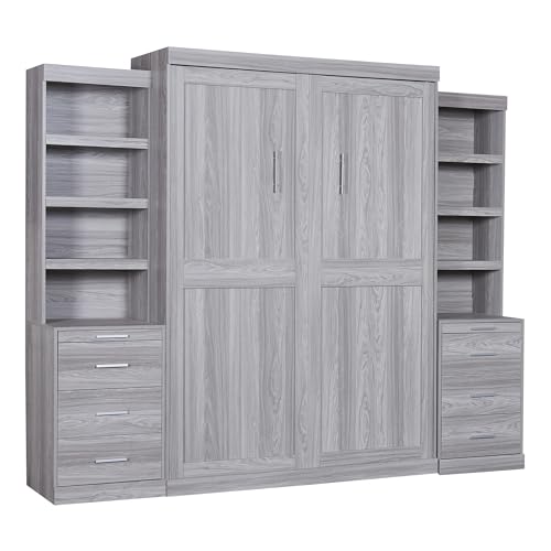 Solid Wood Full Size Murphy Bed Wall Bed with Shelves, Modern Murphy Bed Chest Cabinet Bed Closet Bed Platform Bed for Guest Room Home Office, Space-Saving Design (Grey-FL4)