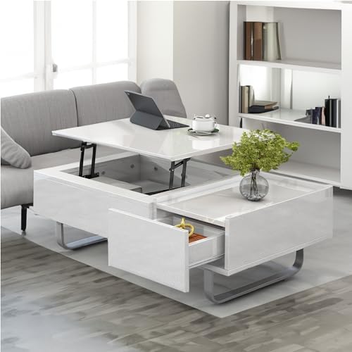 Lift Top Coffee Table with Storage & Hidden Compartment, Extendable Coffee Table with Drawer, Retro Center Table, UV High-Gloss Cocktail Table for Living Room (Black)