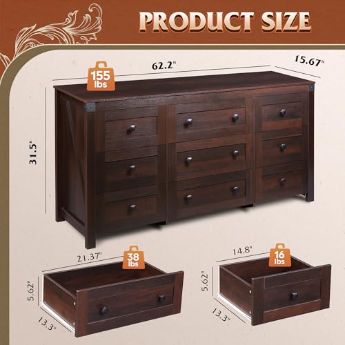 WLIVE 9 Drawer Dressers, Modern Large Wood Dresser Chest for Bedroom Organize with Sturdy Metal Handle, TV Stand for 75 inch TV, Living Room Office, Hallway, Ball Bearing Slide, Grey Oak (63" W)
