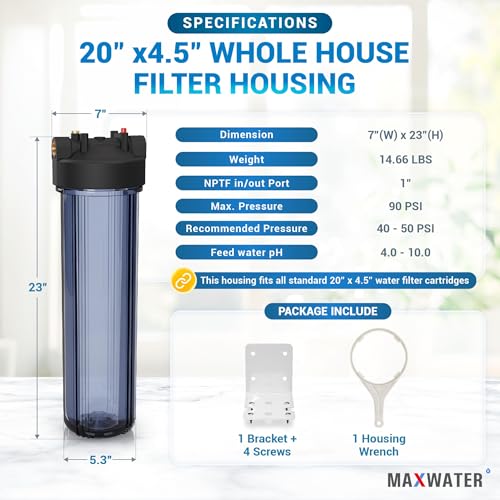 Max Water Whole House 20" x4.5" Purple Clear WH Water Filter Housing 1 inch Inlet/Outlet Ports Wrench and Bracket