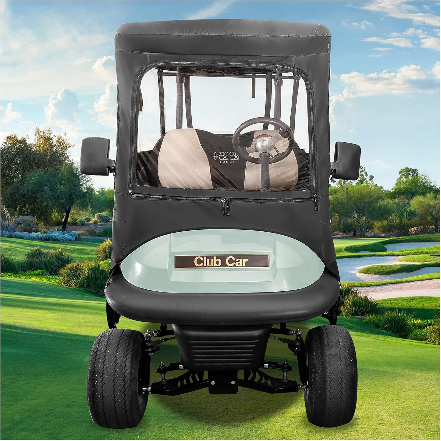 10L0L 800D Deluxe Golf Cart Enclosure 2 Passenger for Club Car Precedent, Onward & Tempo Golf Cart, 4 Sided Clear PVC Window with Security Side Mirror Openings and Zipper Entry Golf Cart Rain Cover