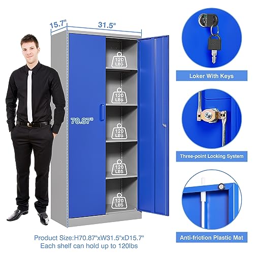 Yizosh Metal Garage Storage Cabinet with 2 Doors and 5 Adjustable Shelves - 71" Steel Lockable File Cabinet,Locking Tool Cabinets for Office,Home,Garage,Gym,School (Gray White)