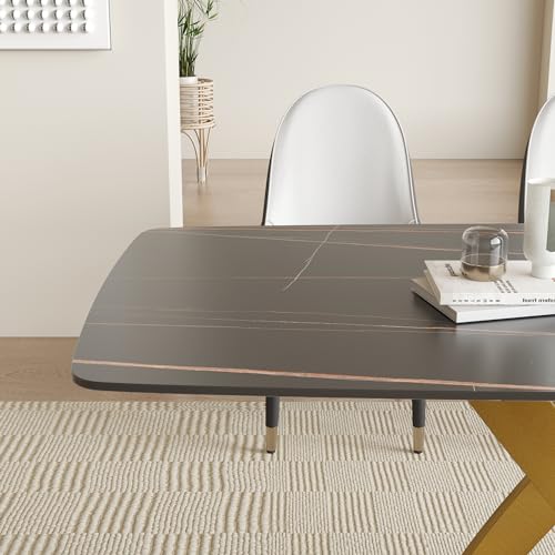 Modern Rectangle Marble Dining Table for 4,63" Black Marble Sintered Stone Top DiningTable,Rectangle Dining Room Table with Unique X-Shape Carbon Steel Pedestal for Kitchen/Living Room(Table Only)