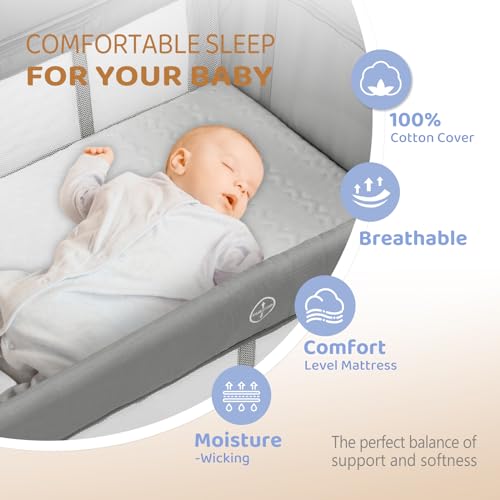 JOYMOR 7 in 1 Bedside Bassinet with Changing Table, All in One Nursery Center, Bedside Sleeper with Mattress, Sheet, Canopy, Storage Shelf and Hanging Toy,Gray