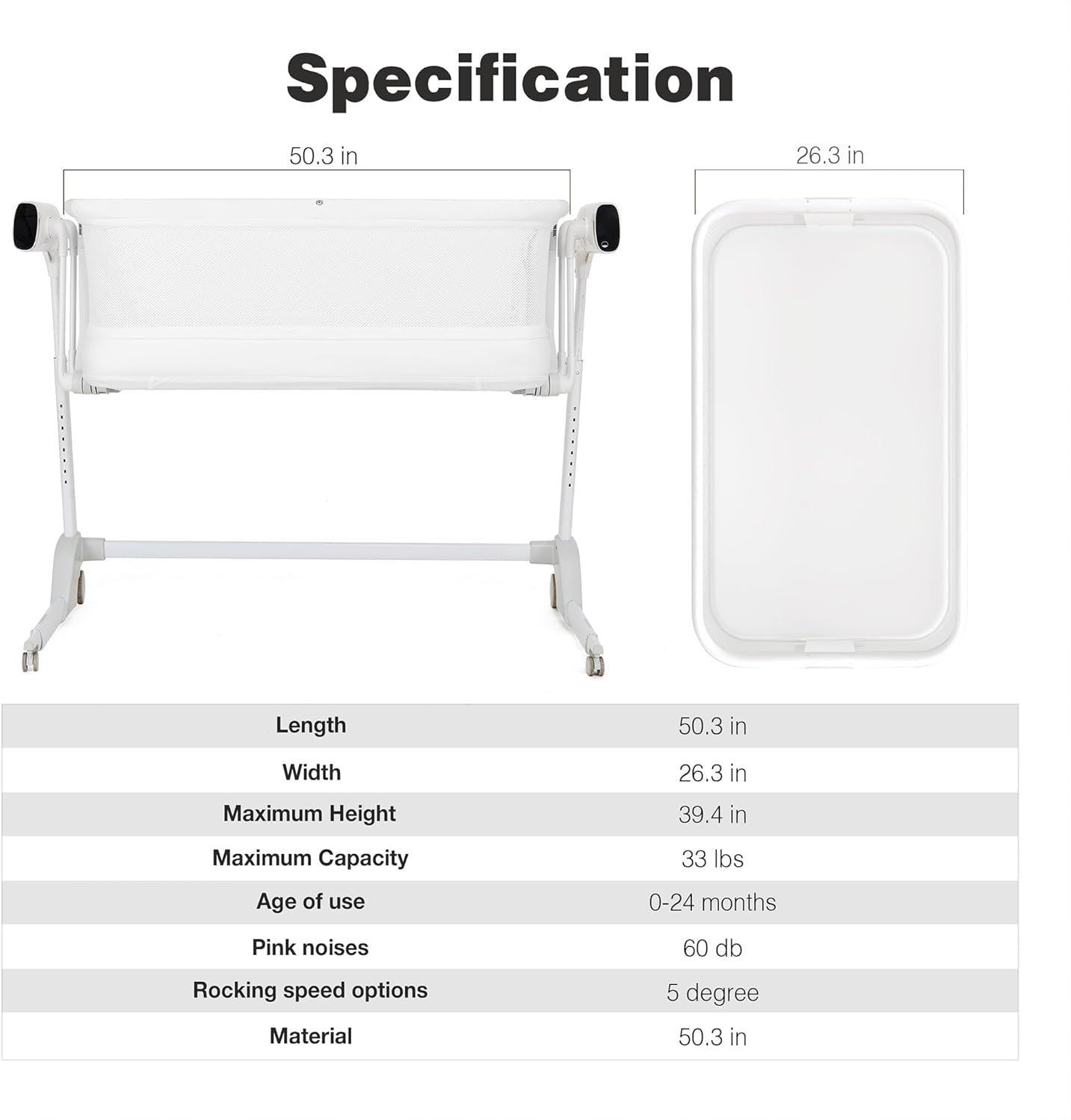 Maydolly Baby Bassinet, Smart Newborn Bassinet with Automatic Cry Detection and Response, Rocking Bassinet with Mattress for Newborns and Toddlers (White