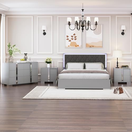 4-Piece Bedroom Furniture Set, Queen Wood Upholstered Bed with LED Lights, 2 Mirrored Nightstands, 6-Drawer Dresser with Metal Handles and Legs (Grey)