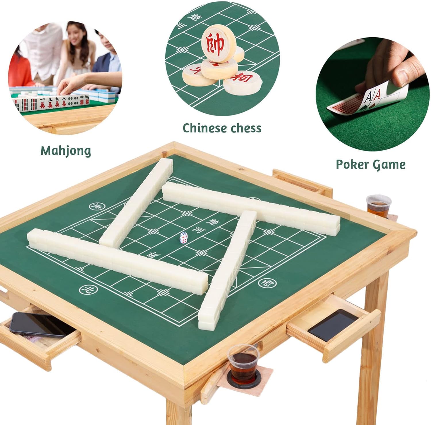 Multifunction Mahjong Table, Folding Card Table with Plush Top, Party Gathering Game Table with 4 Cup Holders & 4 Drawer, 35" Wood
