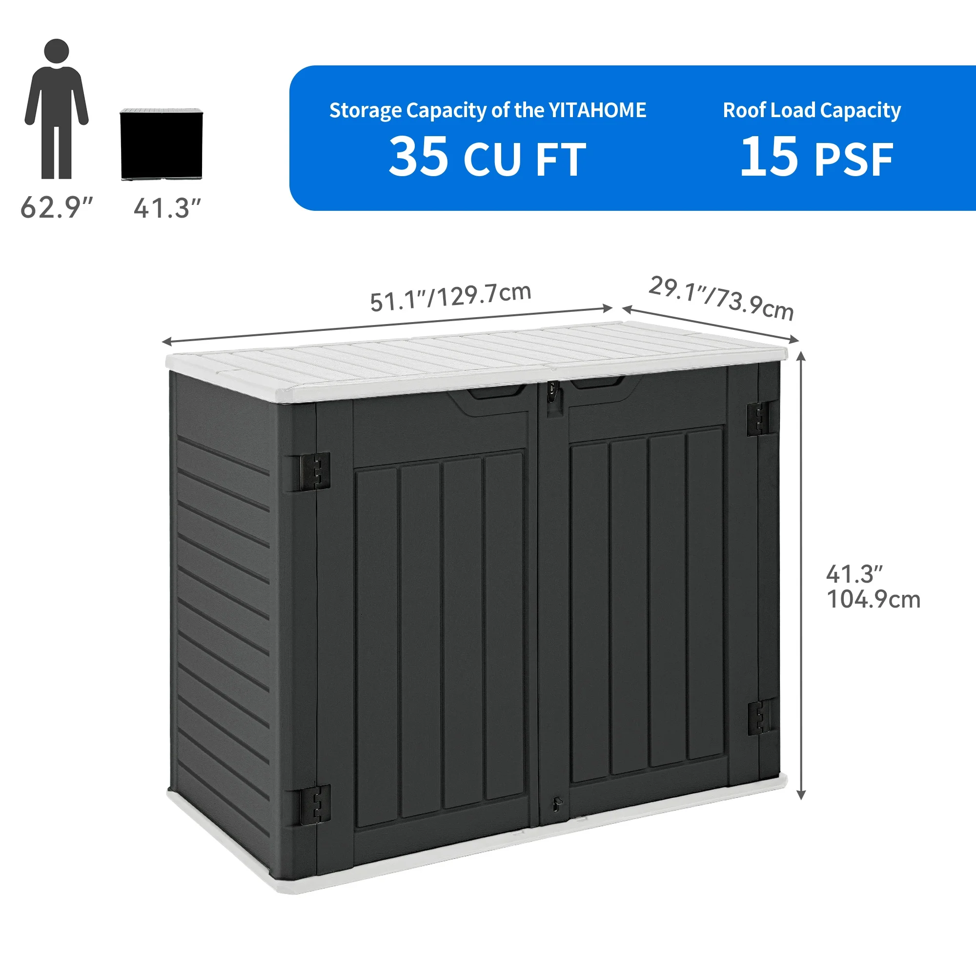 Dextrus Outdoor Horizontal Storage Sheds, Weather Resistant Resin Tool Shed, Multi-Opening Door for Easy Storage of Bike, Trash Cans, Garden Tools, Lawn Mowers, 35 Cu ft