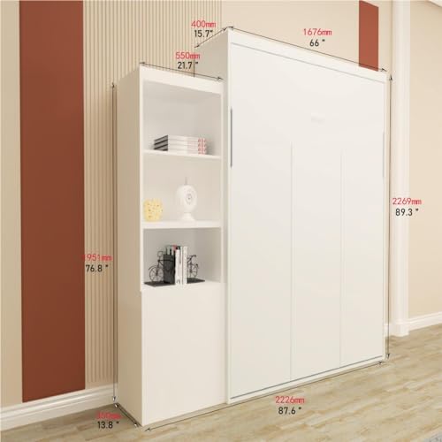 Full Size Vertical Murphy Bed with Shelf and Drawers for Bedroom or Guestroom White Wall Bed Space Saving Hidden Bed Gas Struts (White)
