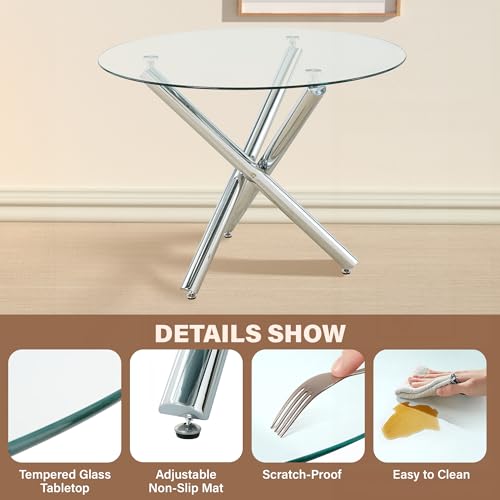 Round Glass Dining Table Set for 4, 47'' Circle Dining Table Set, Glass Dining Room Table Set for 4 with Clear Acrylic Chair, Kitchen Table Chairs Set with Round Base for Dining Room,Amber