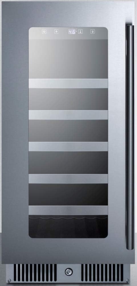 Summit Appliance CL155WCLHD 15" Wide Built-in Wine Cellar for Built-in or Freestanding Use with Left-Hand Door Swing, Seamless Stainless Steel Trimmed Glass Door, LED Lighting, Lock and Black Cabinet
