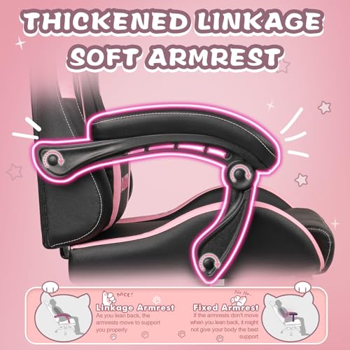 PUKAMI Pink Gaming Chair with Cat Ears and Cat Paw Cushion Pillow,Cute Computer Chair for Girl with Footrest,Ergonomic Gamer Chair, Kawaii Gaming Chair,Reclining Game Chair(Pink)