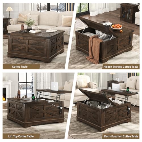 36" Farmhouse Movable Lift Top Coffee Table with Storage and Power Outlets, Square Wood Living Room Tables with Wheels&Large Hidden Space, Lift Wooden Barn Door Center Table, White