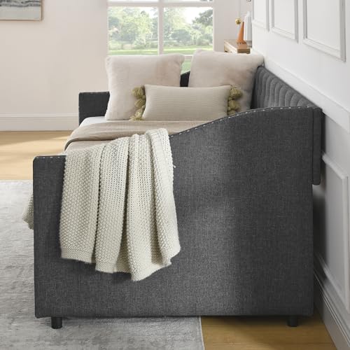 Wood Queen Size Daybed, Day Bed Frame with 2 Storage Drawers, Upholstered Bed Frame Queen Sofa Bed with Button and Nailhead Design for Bedroom Guest Room, No Box Spring Needed, Black