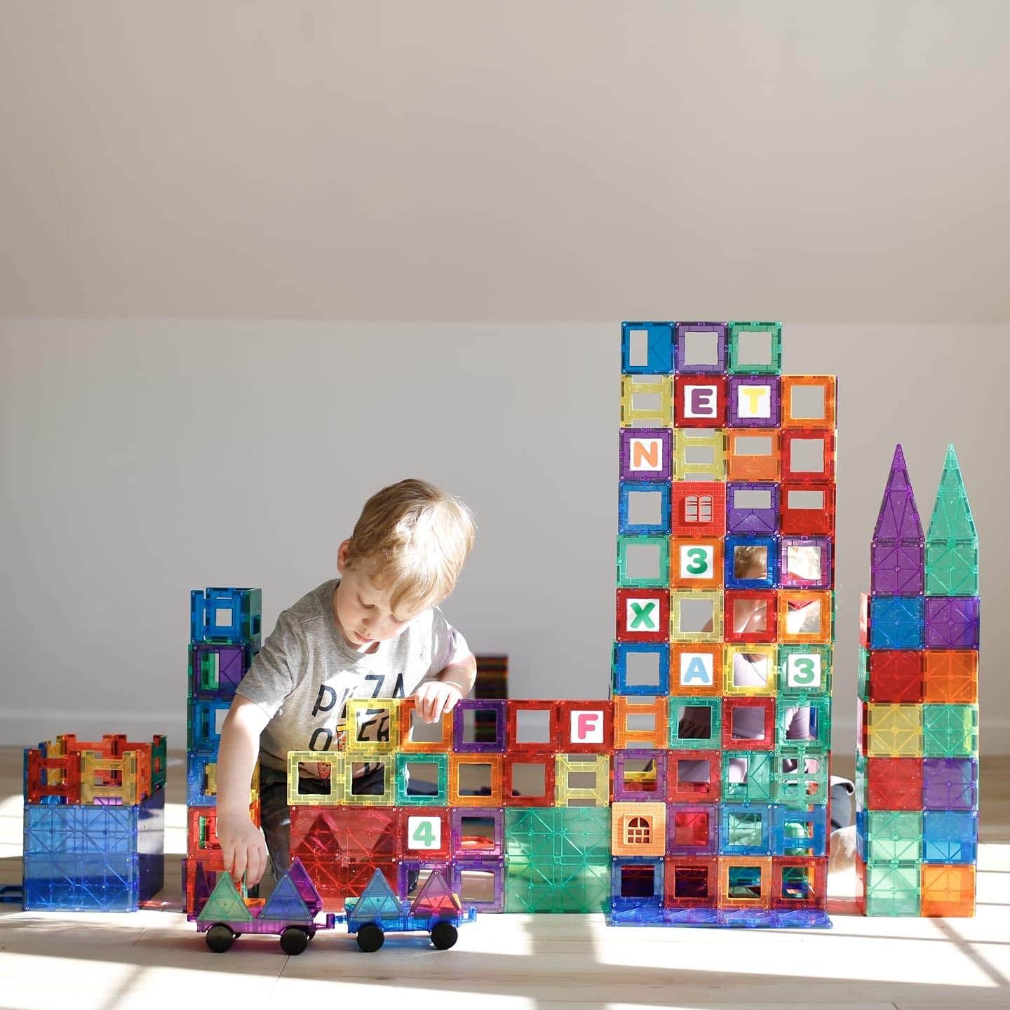 Award Winning Playmags Clear Colors Magnetic Tiles Building Set 50 + 6 Pc Set with Car - STEM Magnetic Toys Develop Motor Skills & Creativity, Colorful, Durable Magnet Building (56 Pc Set)