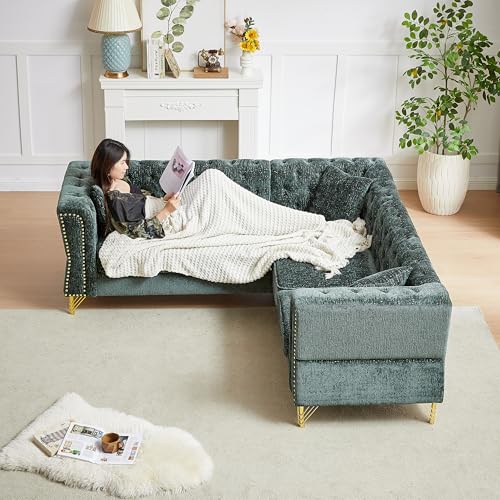 81.5”Chesterfield Sectional Sofa, Chenille Corner Sofa, L-Shaped Sectional Couch, 5-Seater Corner Sofas with 3 Cushions for Living Room, Bedroom, Apartment, Office (Gray)