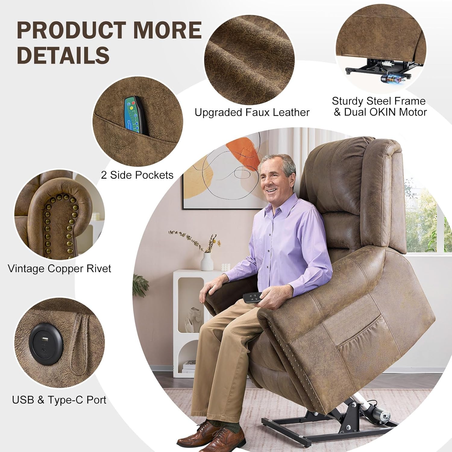 Lay Flat Dual Motor Power Lift Recliner Chair with Massage and Heat for Elderly, Breathable Leather Overstuffed Lift Chairs, Infinite Position Recliner Chairs for Sleeping, 1PC, Light Brown