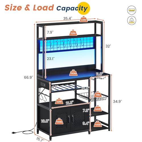 Kitchen Bakers Rack with Storage Shelves, Microwave Stand with Power Outlet and LED Light, Coffee Bar Cabinet Wire Basket Metal Grid Wine Rack Goblet Holder Hooks (Rustic Brown)