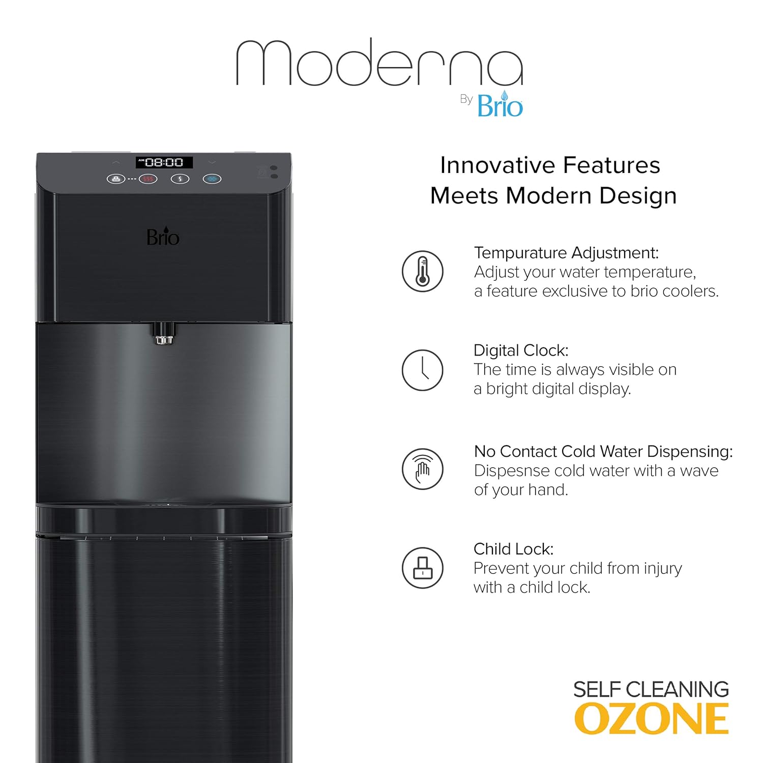Brio Moderna Touchless Bottom Load Water Cooler Dispenser - Self-Cleaning, Motion Sensor, Tri Temp Dispense, Child Safety Lock, Holds 3 or 5 Gallon Bottles, Digital Display and LED Light