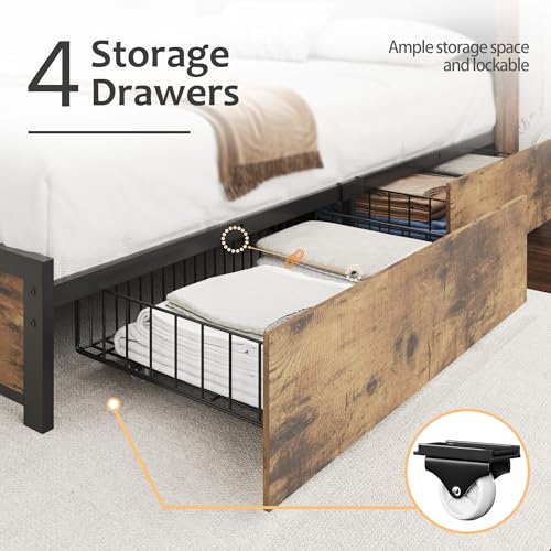 HISOFT Queen Bed Frame with Storage Headboard, Wood Bed with High Storage Bookcase, 4 Drawers & LED & Charging Station,No Box Spring Needed/Noise Free/All-Metal Support, Rustic Grey