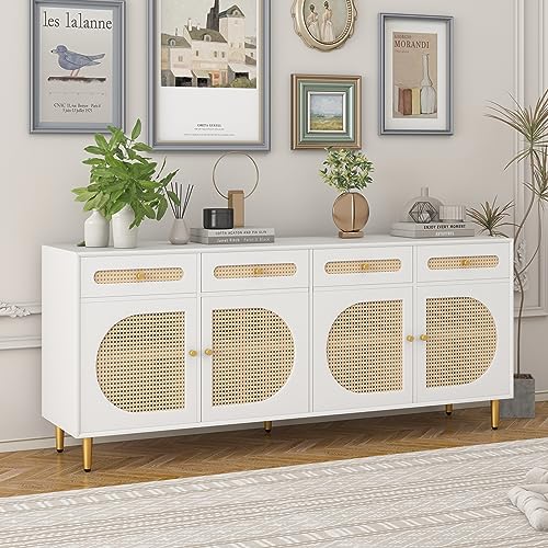 Rattan Buffet Sideboard Cabinet,4 Doors Storage Cabinet Console Table Decorative Cabinet with 4 Drawers, Adjustable Shelves for Kitchen Living Room Dining Room, White (White)
