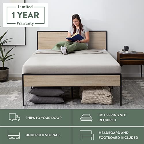 Edenbrook Bed Frame - Metal Platform Bed - Wood Headboard and Footboard - Box Spring Optional, Full, White Oak