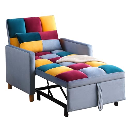 Sofa Chair Pull-Out Bed with Adjustable Backrest, 3 in 1 Convertible Multi-Function Folding Ottoman Couch with Pillow for Living Room Apartment Small Space, Grey