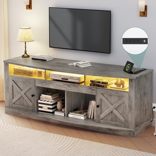 YITAHOME Farmhouse TV Stand for TVS up to 80 Inch, Entertainment Center with Power Outlet, TV Table with Barn Doors & Storage Cabinets, TV Console for Living Room, 70" White